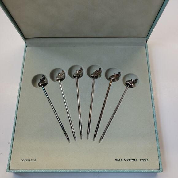 ERCUIS Saint Hilaire Silver Plate ELEPHANT Hors d'Oeuvres Picks Set of 6 in Box - Picture 2 of 8